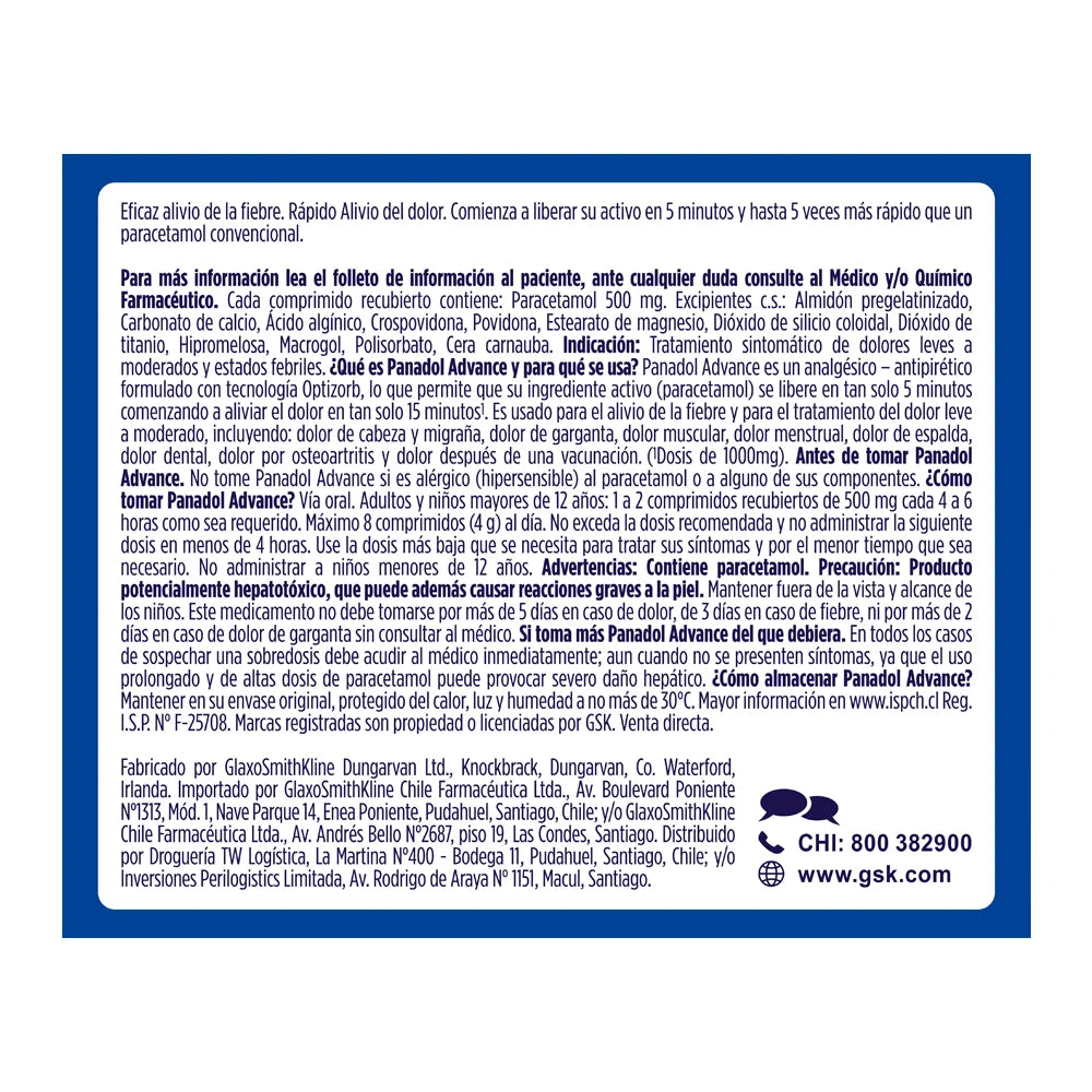 Panadol Paracetamol 500 MG Advance x 12 Comprimidos
