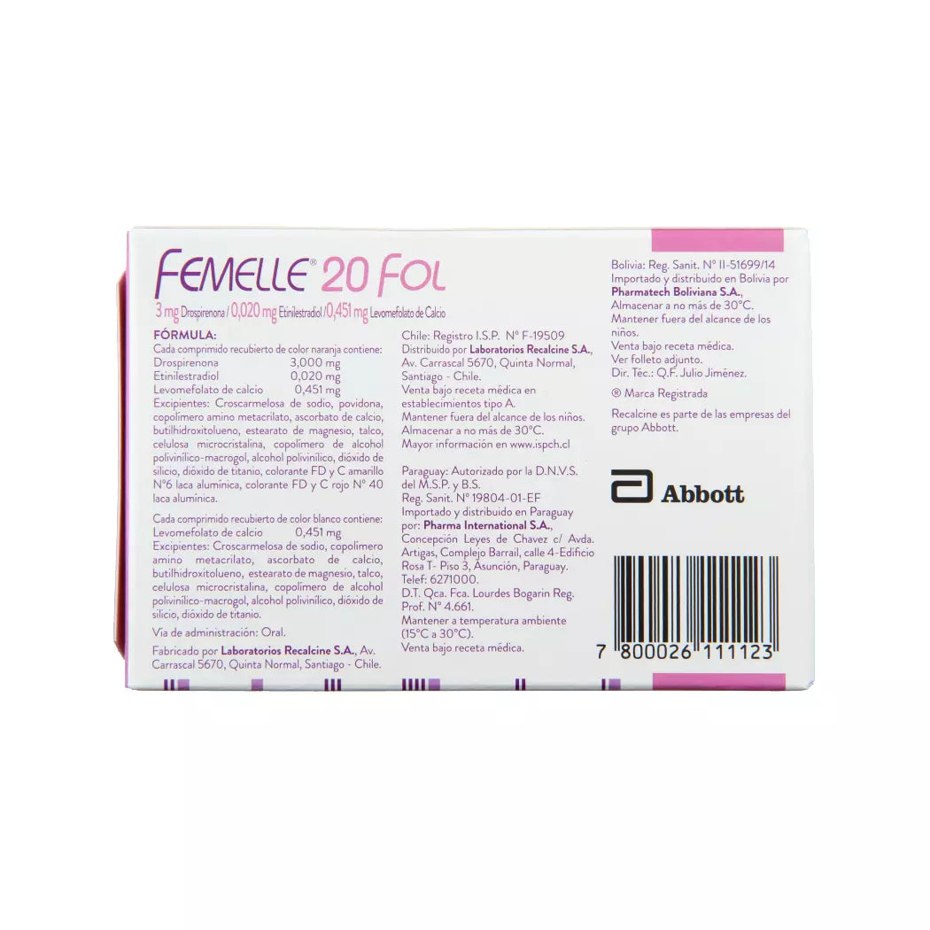 Femelle 20 Fol Drospirenona / Etinilestradiol / Levomefolato Calcio 28 Comprimidos
