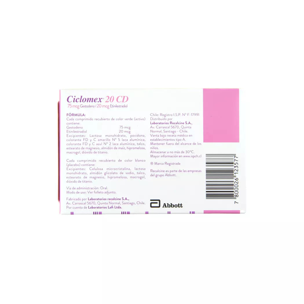 Ciclomex 20 CD Gestodeno 75 MCG / Etinilestradiol 20 MCG 28 Comprimidos